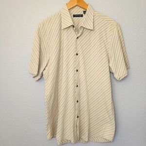 Kenneth Cole Shirt Men's Large Tan Cream‎ Short Sleeve Button Down Stripes BoxC